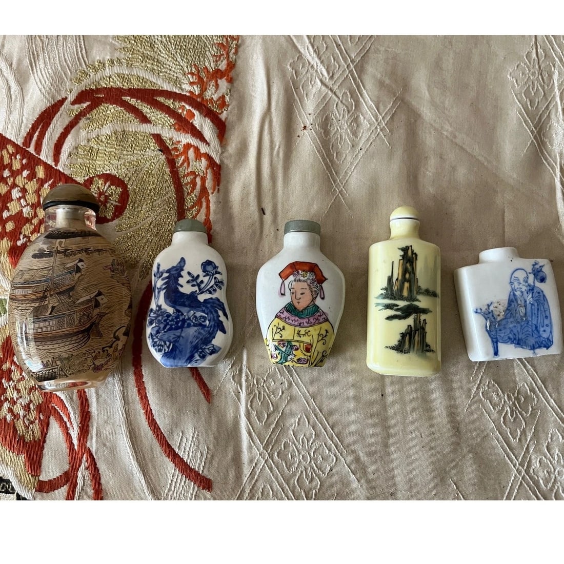 Vintage Chinese Snuff Bottles - Inside Painted Glass & Porcelain - Set of 5 - 2