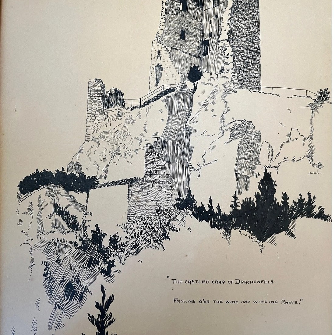 Original 1921 Pen & Ink Illustration Milly Possoz Lord Byron Drachenfels Castle - 2