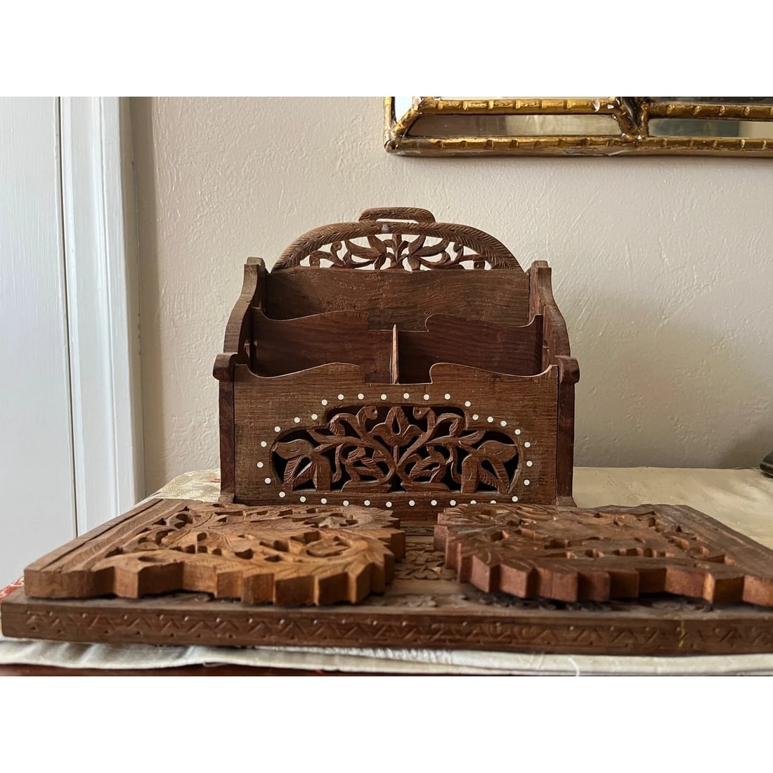 Vintage Hand Carved Wood Desk Set Abacus Expanding Book Rack Letter Opener - Set of 5 - 4