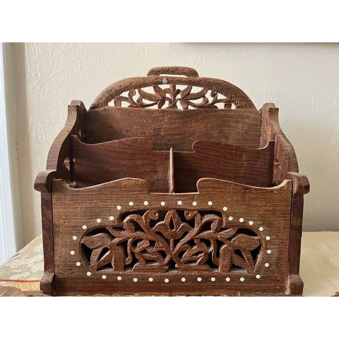 Vintage Hand Carved Wood Desk Set Abacus Expanding Book Rack Letter Opener - Set of 5 - 6
