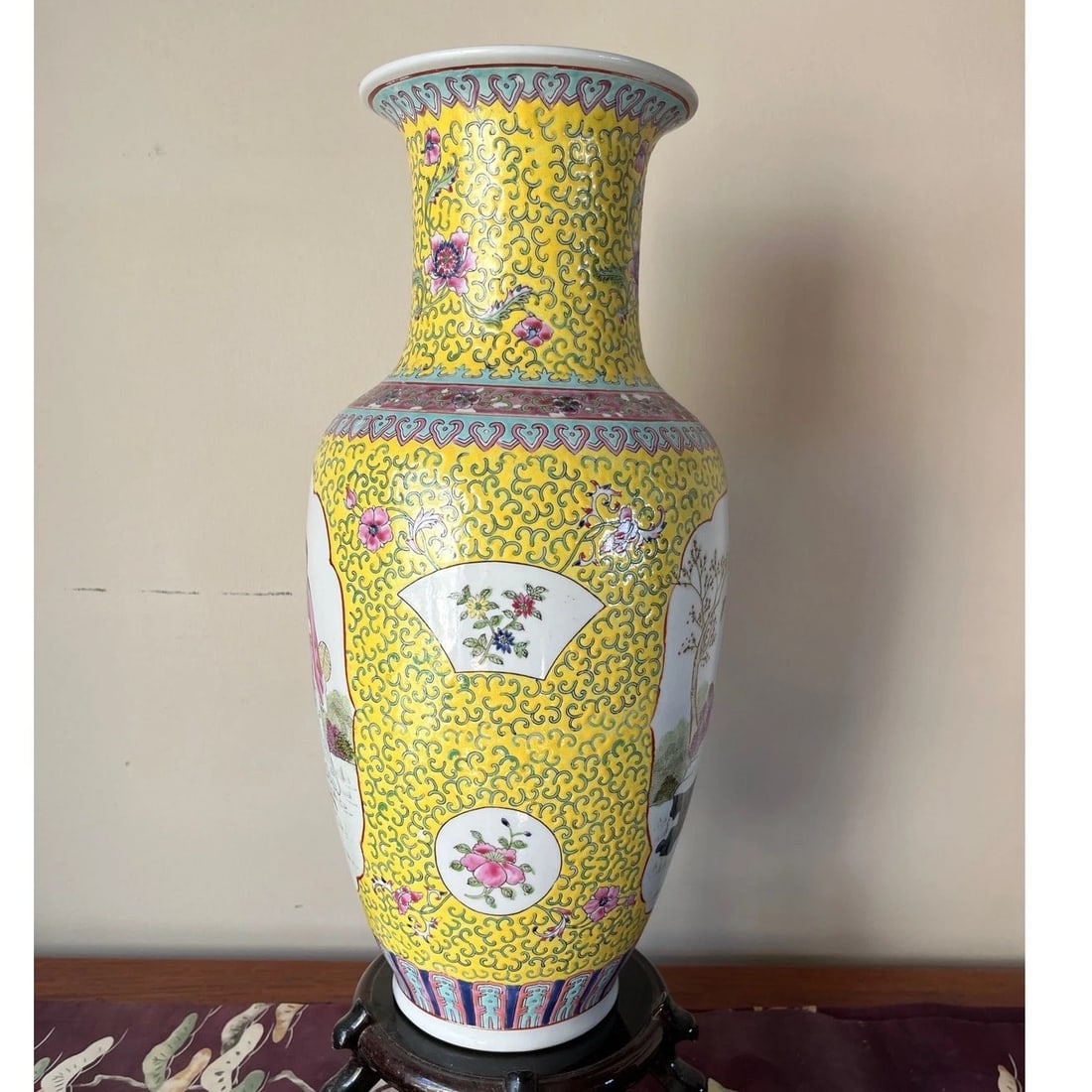 Mid 20th Century 18" Chinese Famille Jaune Porcelain Vase - Hand Painted Maiden Scene - 2