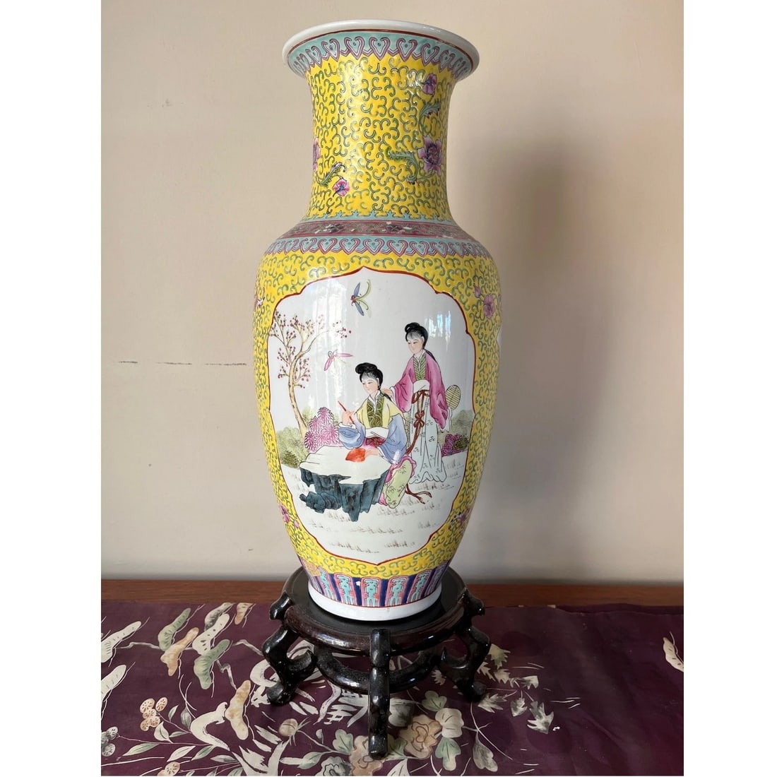 Mid 20th Century 18" Chinese Famille Jaune Porcelain Vase - Hand Painted Maiden Scene - 7