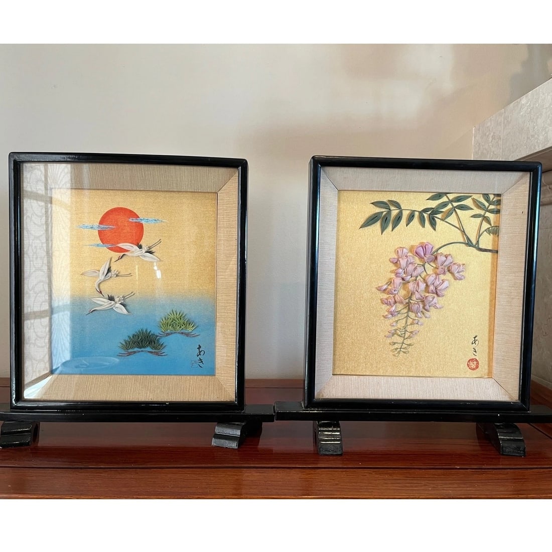 Vintage Japanese Oshie 3D Relief Art ââ‚¬" Large 15x15 Signed- A Pair - 2