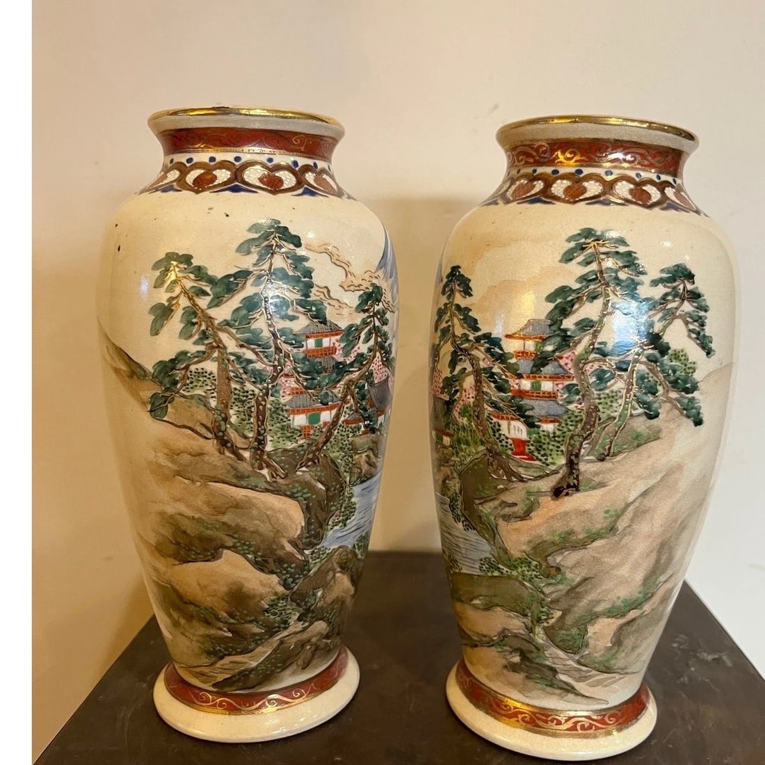 Late 20th Century Pair of 7" Decorative Japanese Style Vases - Gold Accent Porcelain Shelf Decor - 7