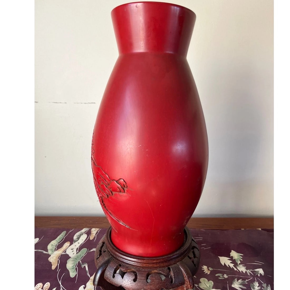 Vintage 12" Hand-Carved Cinnabar Lacquer Vase - Large Landscape & Pine Tree - 2