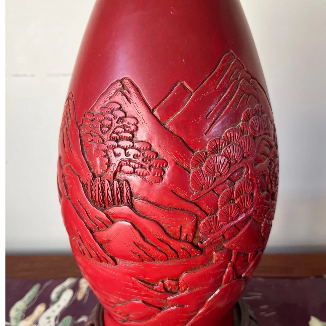 Vintage 12" Hand-Carved Cinnabar Lacquer Vase - Large Landscape & Pine Tree - 4
