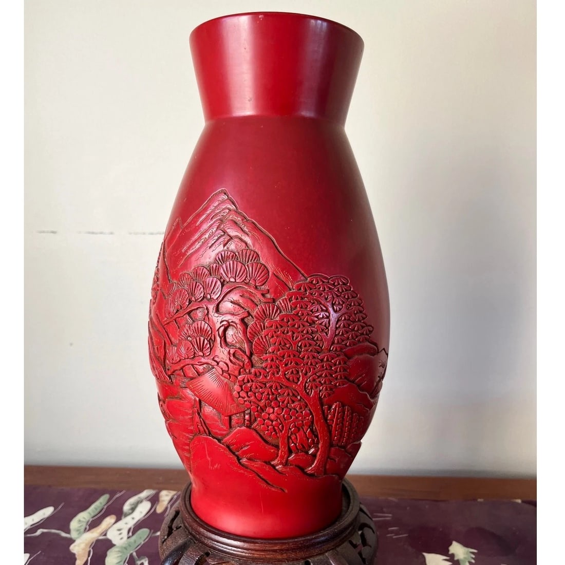 Vintage 12" Hand-Carved Cinnabar Lacquer Vase - Large Landscape & Pine Tree - 5