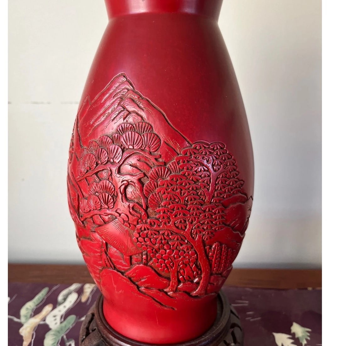 Vintage 12" Hand-Carved Cinnabar Lacquer Vase - Large Landscape & Pine Tree - 6