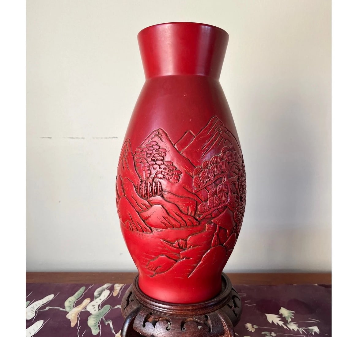 Vintage 12" Hand-Carved Cinnabar Lacquer Vase - Large Landscape & Pine Tree - 8