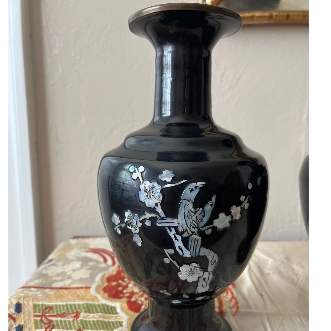 Pair of Vintage 9" Korean Black Enamel Brass Vases, Mother of Pearl Inlay - 2