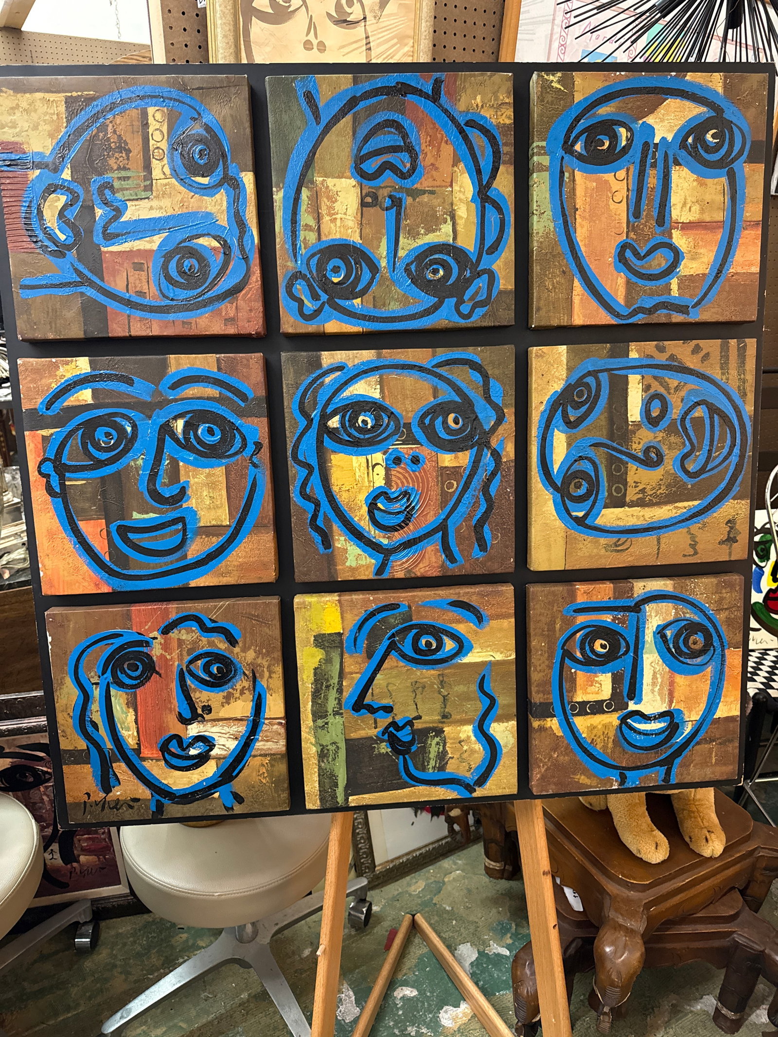 1970s Peter Keil Large Blue 9 Faces Abstract Painting - 2
