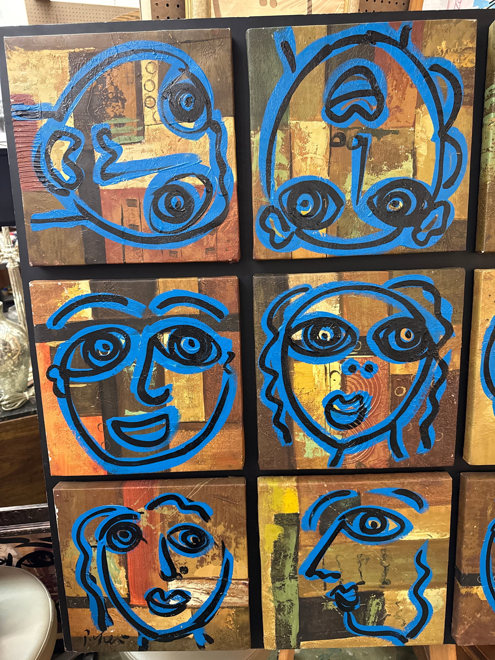 1970s Peter Keil Large Blue 9 Faces Abstract Painting - 3