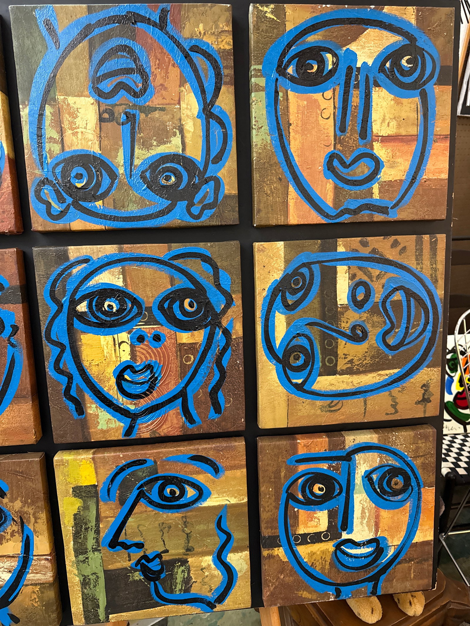 1970s Peter Keil Large Blue 9 Faces Abstract Painting - 4