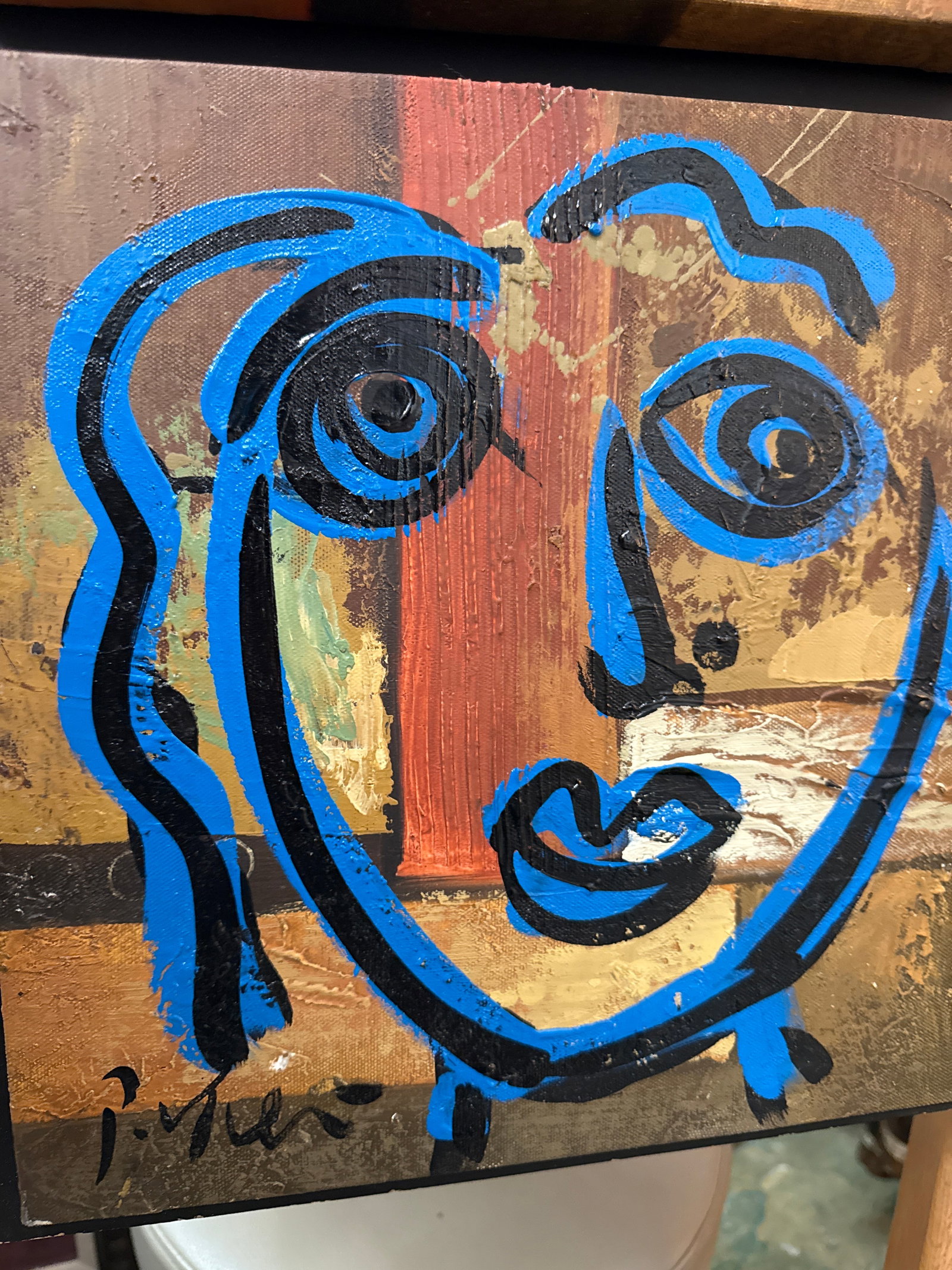 1970s Peter Keil Large Blue 9 Faces Abstract Painting - 5