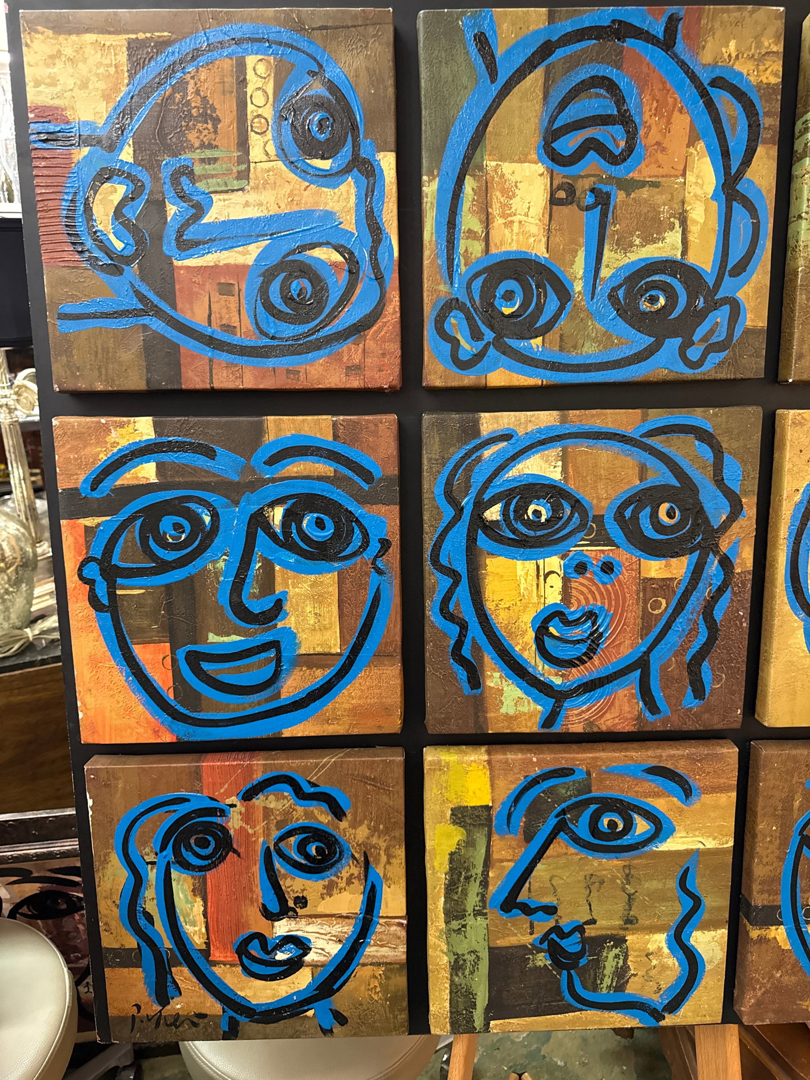 1970s Peter Keil Large Blue 9 Faces Abstract Painting - 6