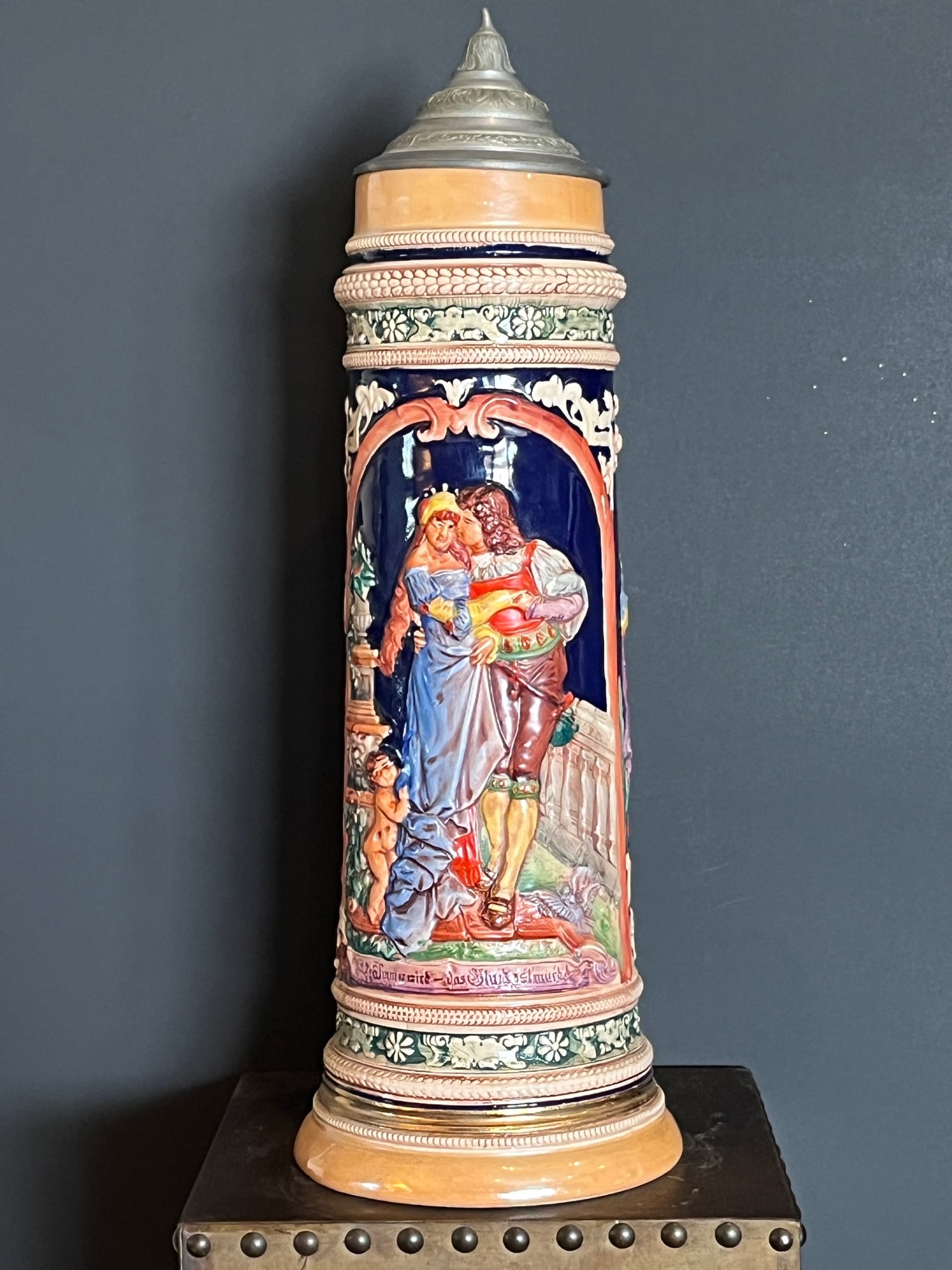 Vintage Gerz German Beer Stein 3l - Large 17" Relief Scene W/ Pewter Lid - 2