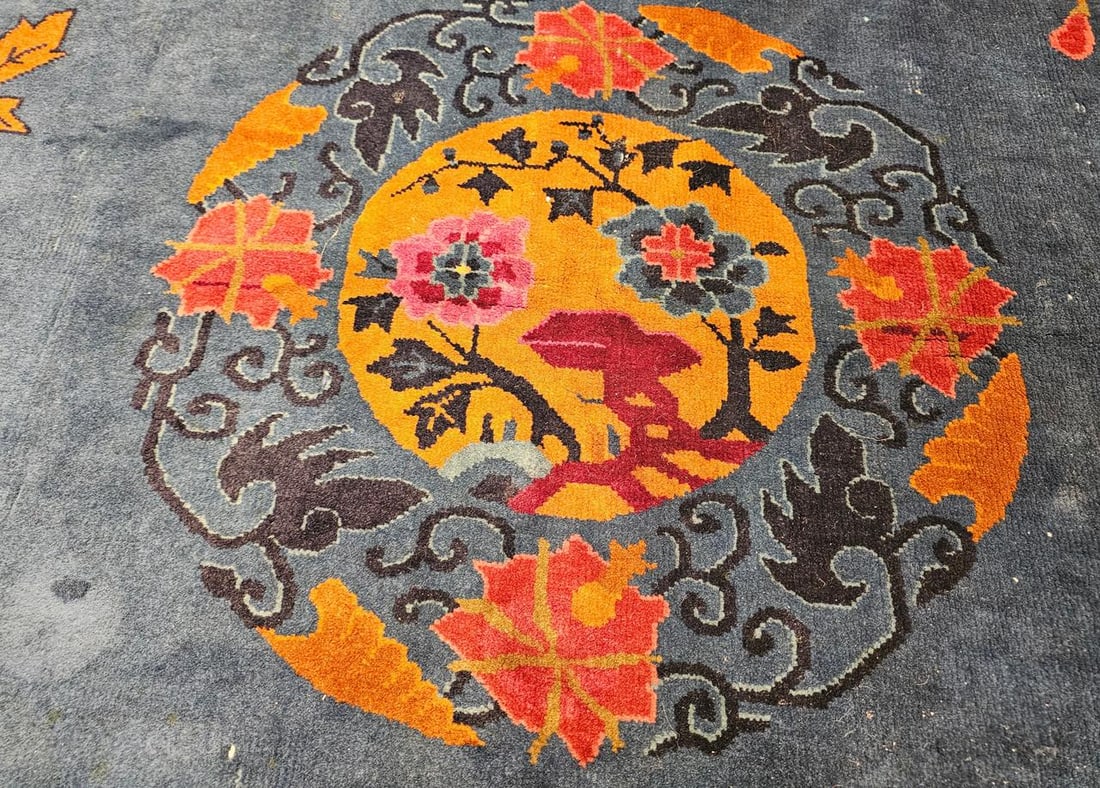 Oversize Chinese Art Deco Oversize Rug, Hand-Knotted Wool, Floral Design, 1920s - 3