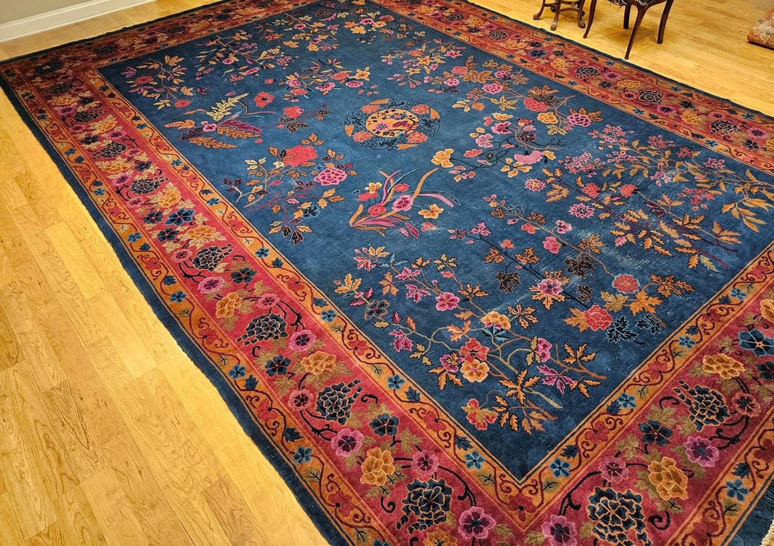 Oversize Chinese Art Deco Oversize Rug, Hand-Knotted Wool, Floral Design, 1920s - 7