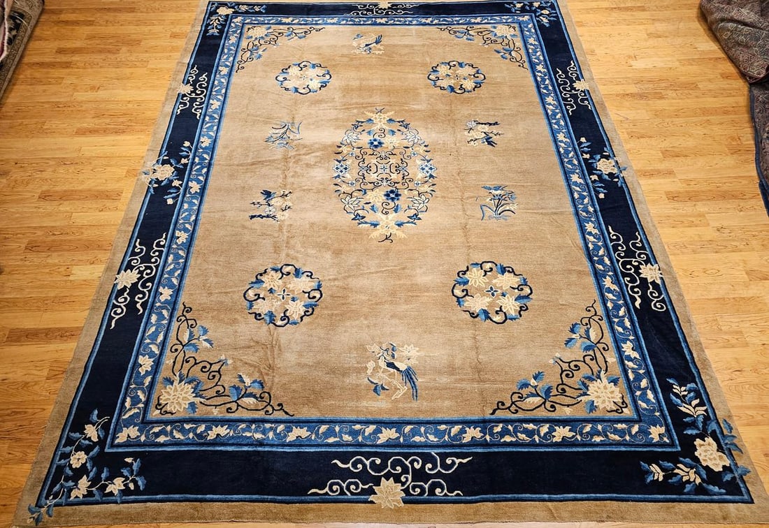 19th Century Oversized Chinese Peking Hand-Knotted Rug in Tan, Navy, Blue - 2