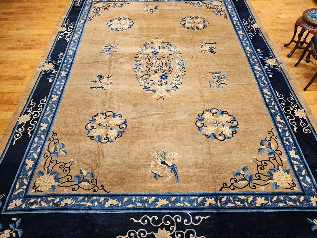 19th Century Oversized Chinese Peking Hand-Knotted Rug in Tan, Navy, Blue - 5