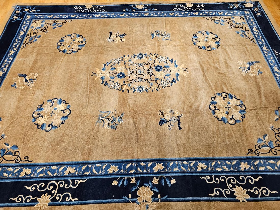 19th Century Oversized Chinese Peking Hand-Knotted Rug in Tan, Navy, Blue - 7
