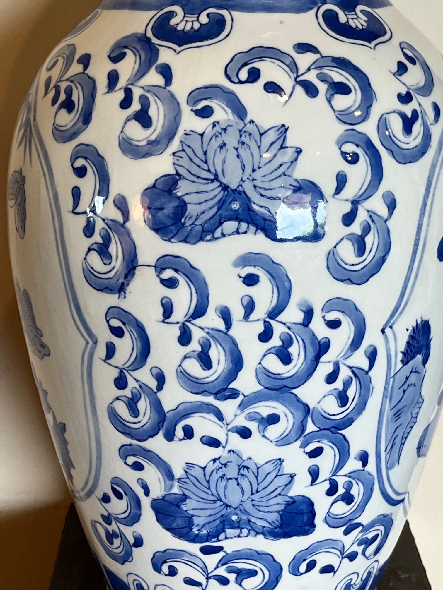 Late 20th Century Large 19" Chinese Blue & White Porcelain Peacock Vase & Carved Wood Stand - 2