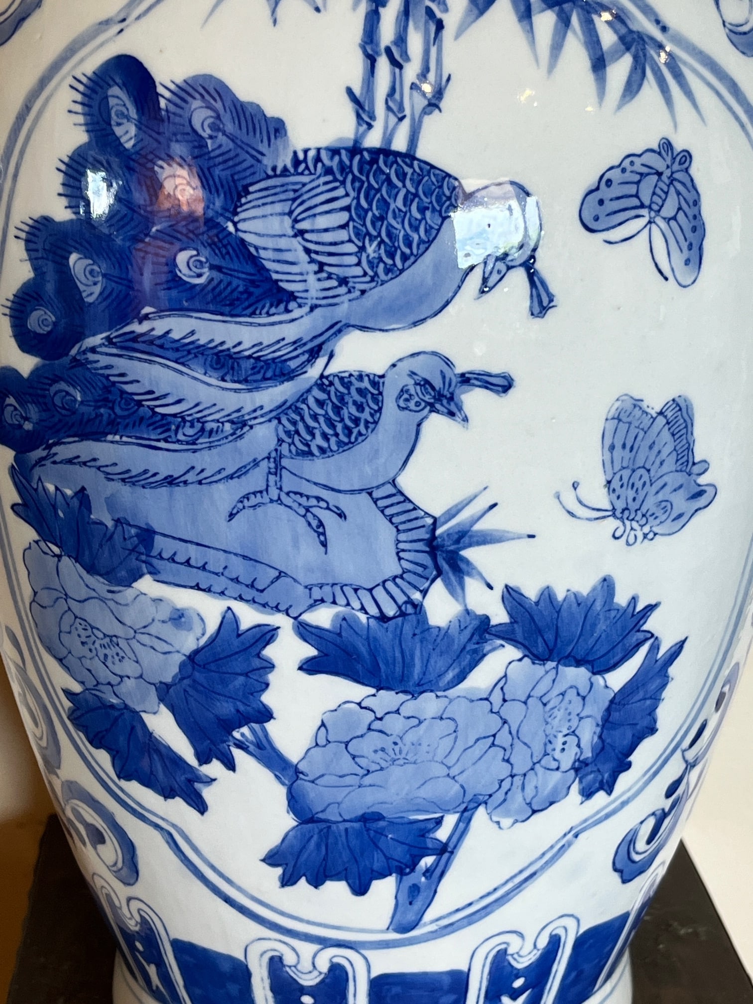Late 20th Century Large 19" Chinese Blue & White Porcelain Peacock Vase & Carved Wood Stand - 4