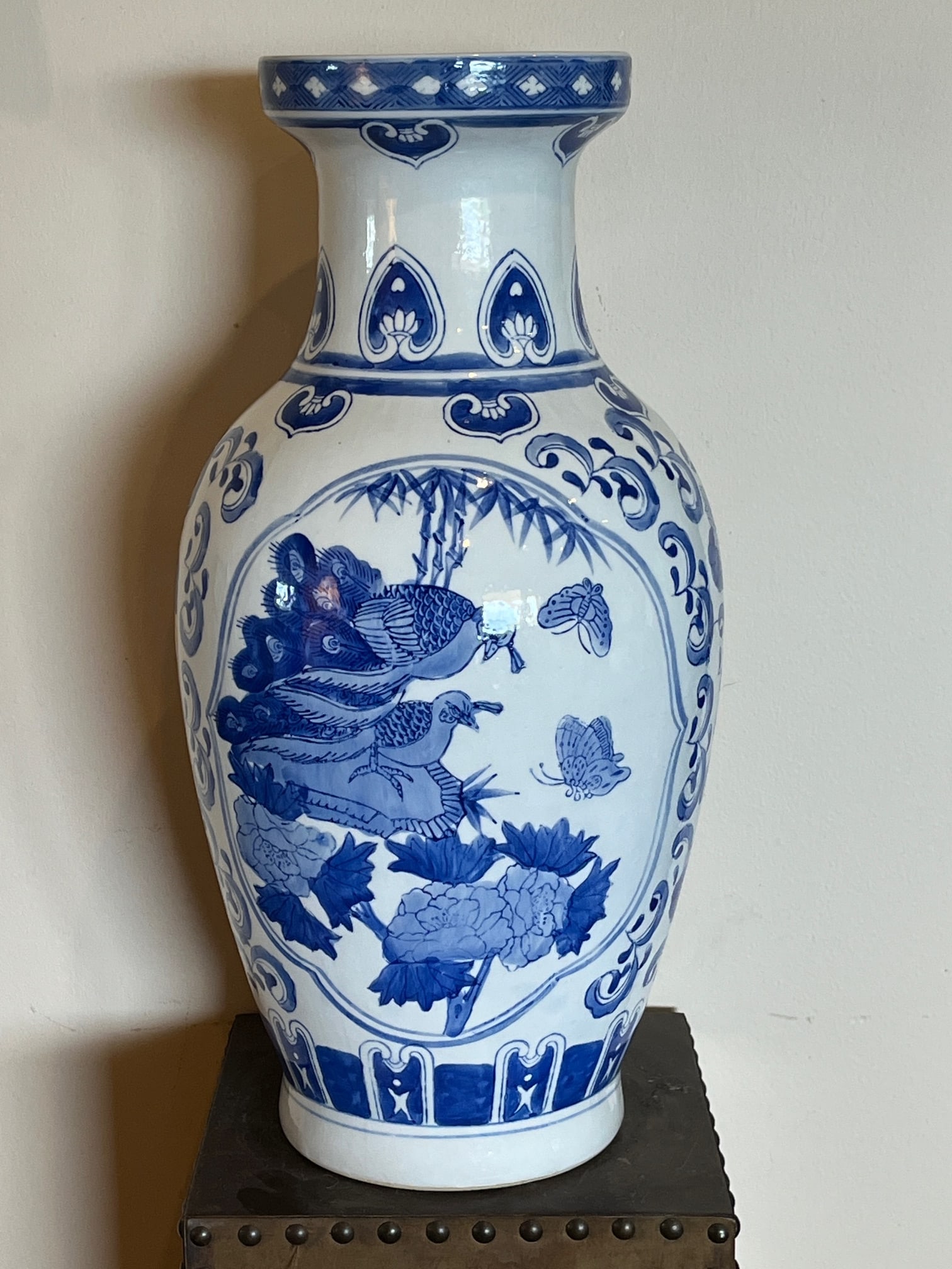 Late 20th Century Large 19" Chinese Blue & White Porcelain Peacock Vase & Carved Wood Stand - 5