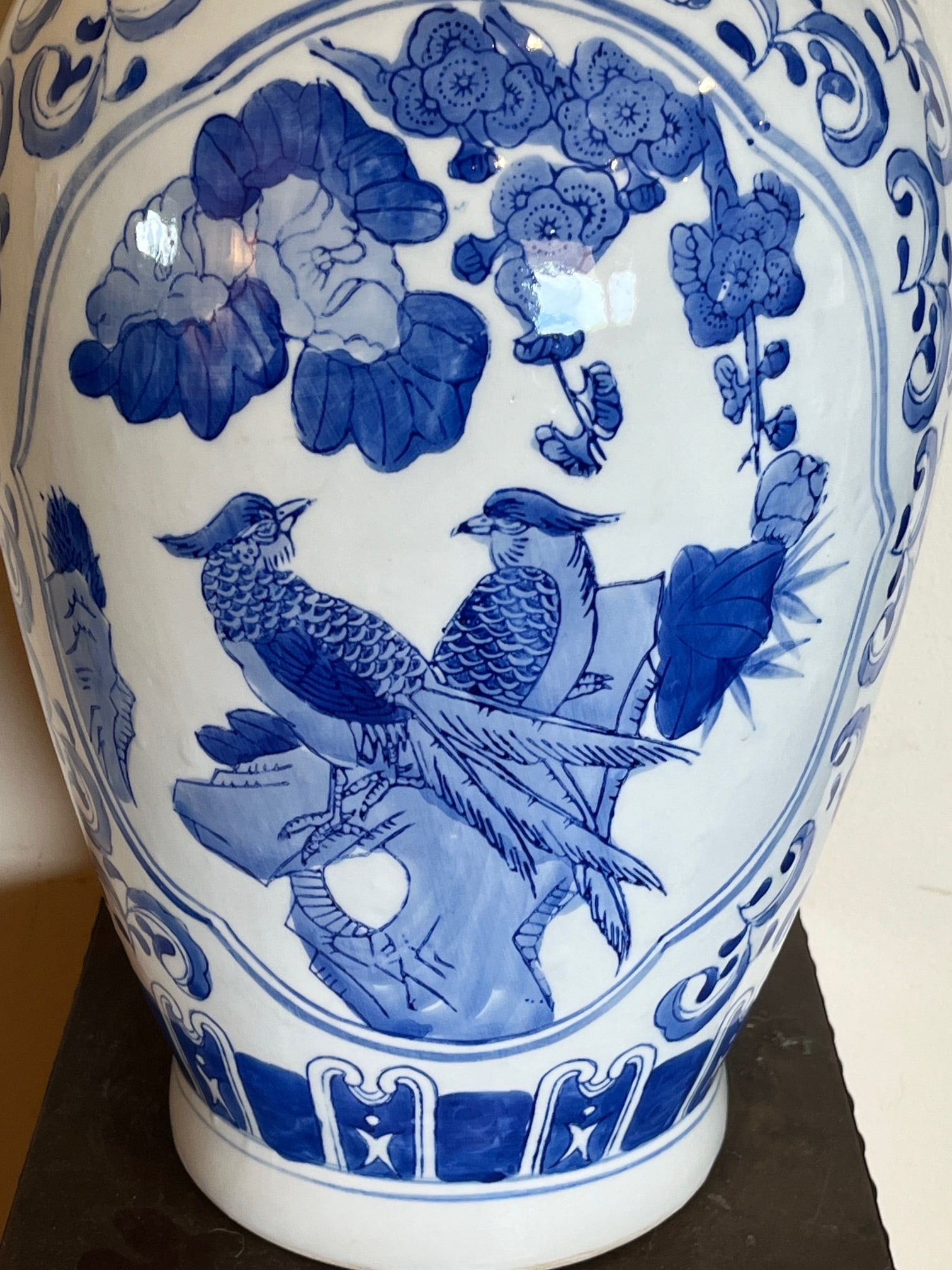 Late 20th Century Large 19" Chinese Blue & White Porcelain Peacock Vase & Carved Wood Stand - 6