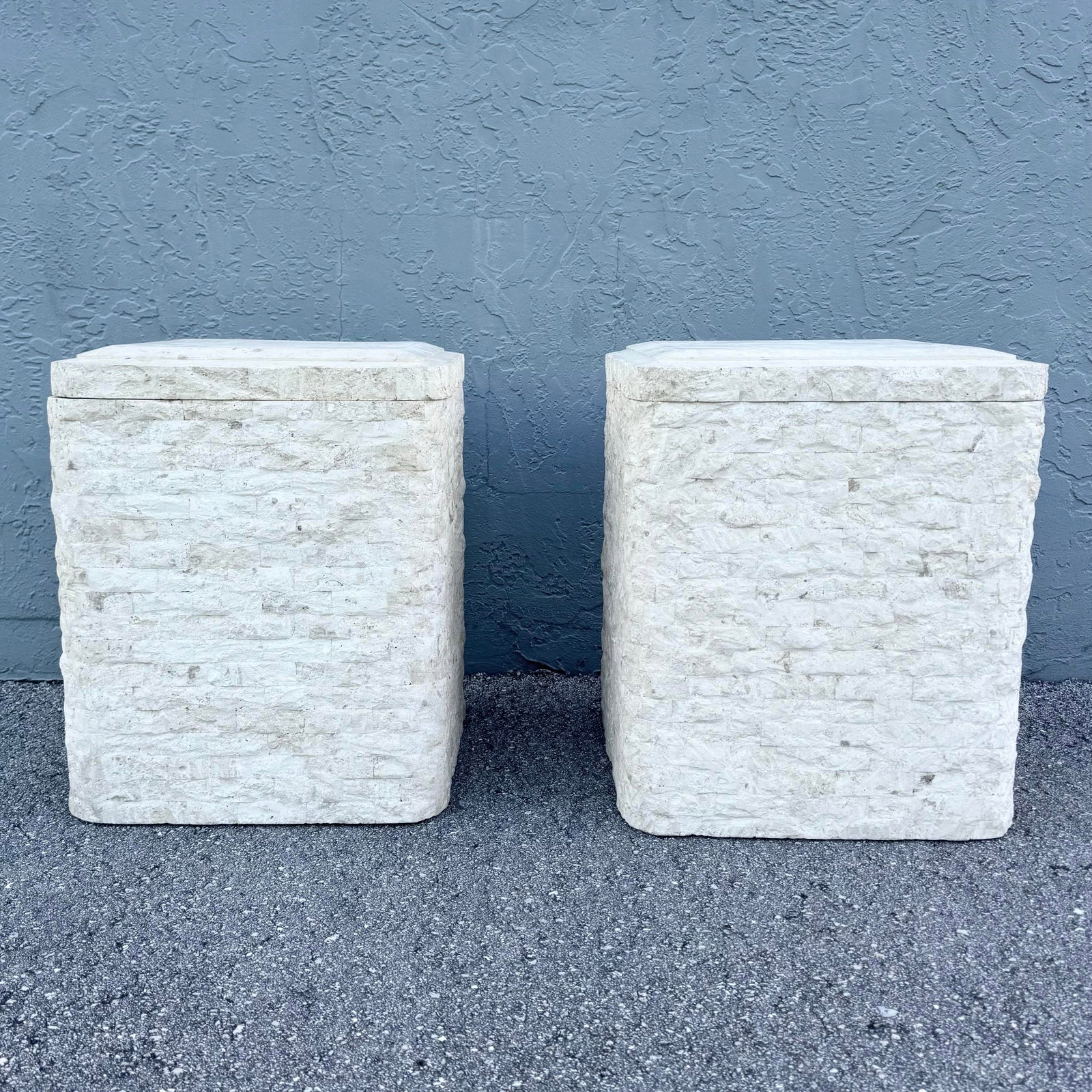 Postmodern Tessellated Stone Swivel Top Side Table With Storage - A Pair - 2