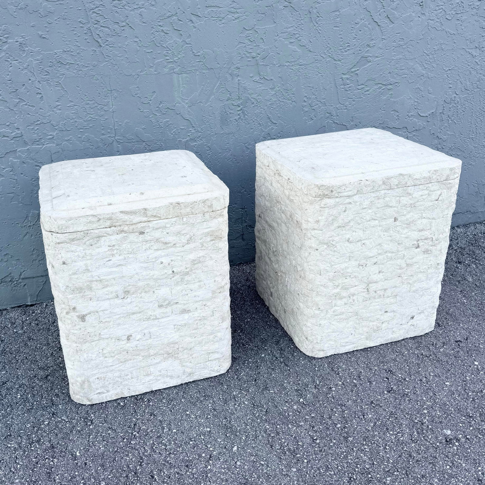 Postmodern Tessellated Stone Swivel Top Side Table With Storage - A Pair - 4