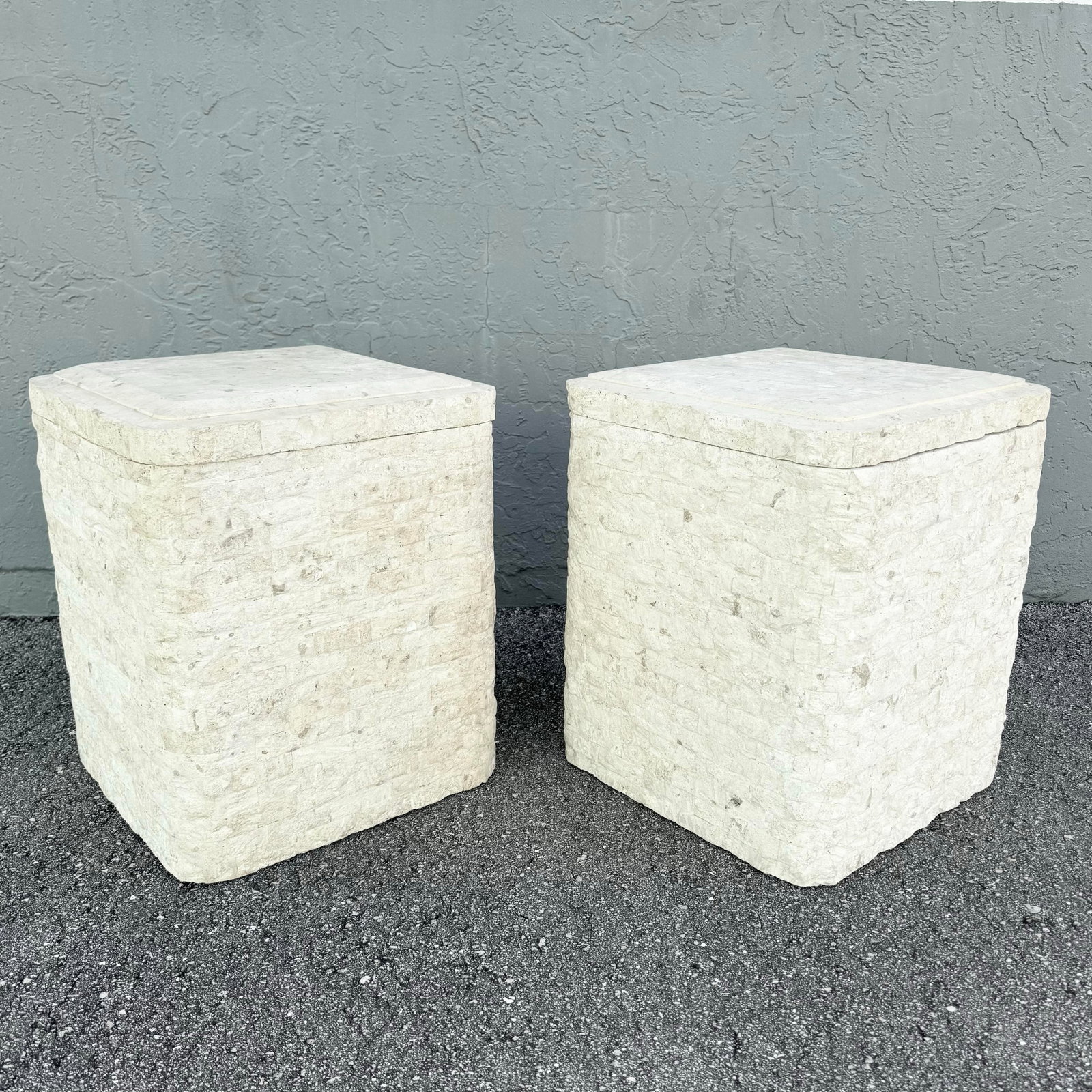 Postmodern Tessellated Stone Swivel Top Side Table With Storage - A Pair - 6