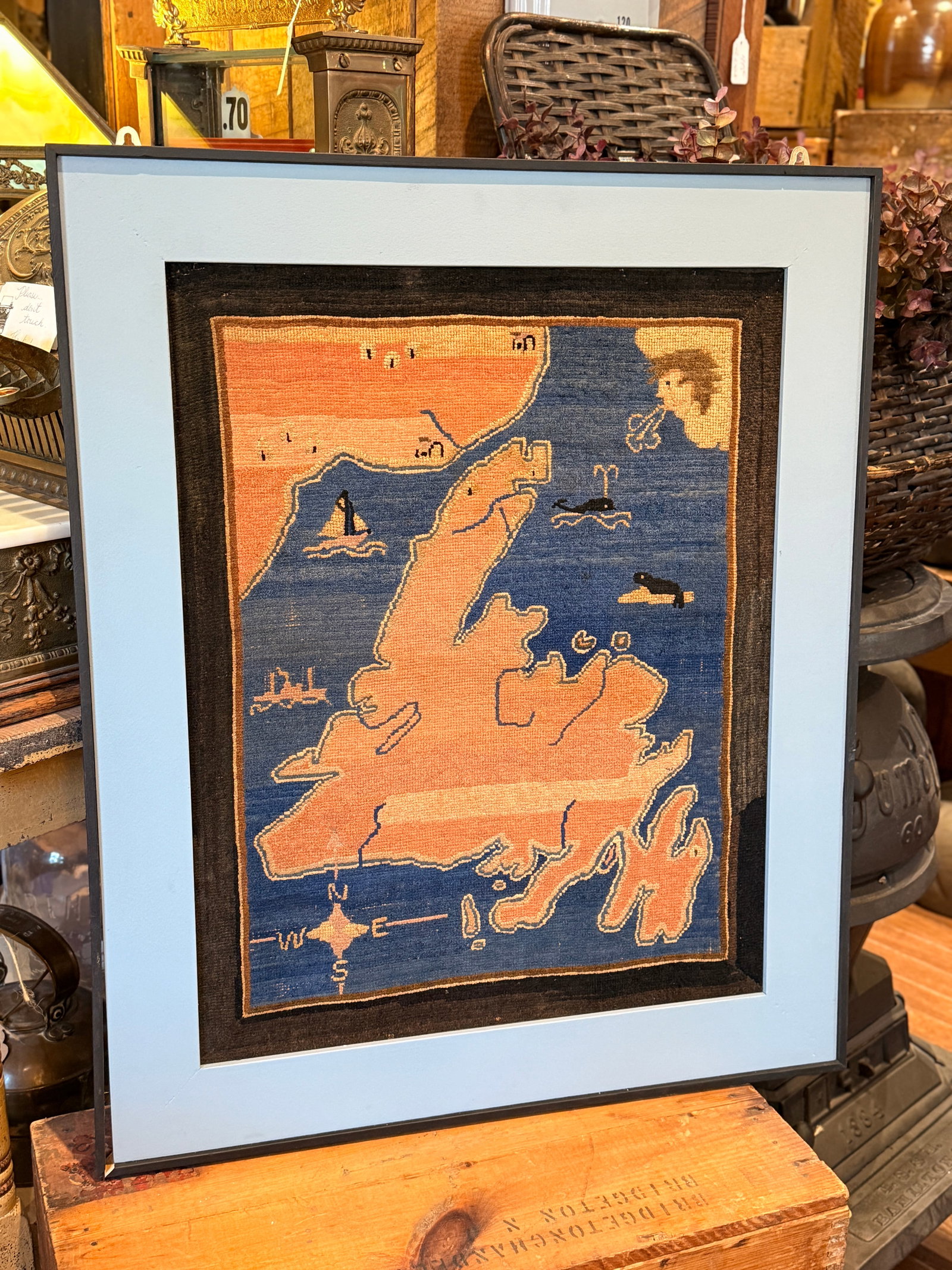 Vintage Framed Grenfell Newfoundland and Labrador Map Hooked Mat c.1936 - 2