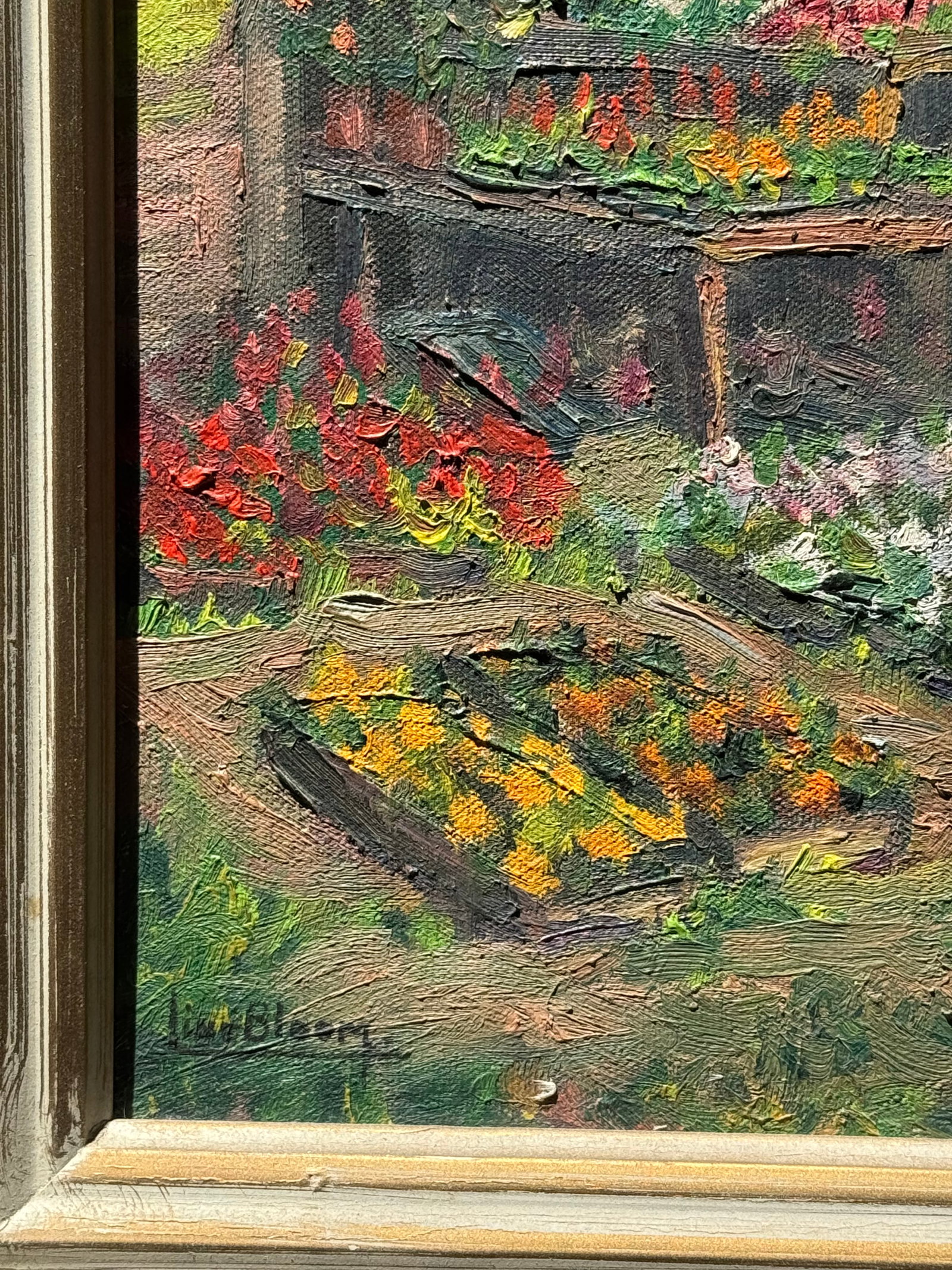 1961 Line Bloom Draper Impressionist Garden Oil Painting in Original Frame - 2