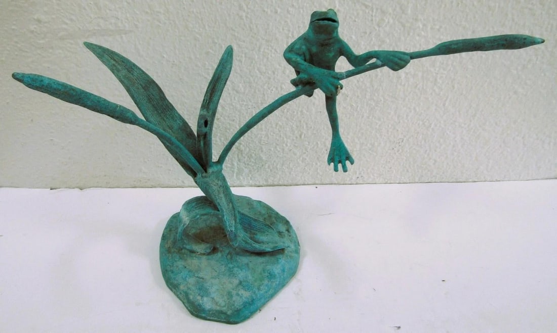 Jumping Frog on Reeds Cold-Cast Bronze Sculpture With Hand Applied Patina - 2