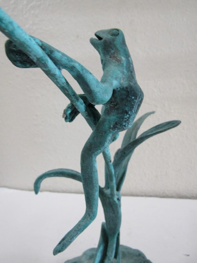 Jumping Frog on Reeds Cold-Cast Bronze Sculpture With Hand Applied Patina - 7