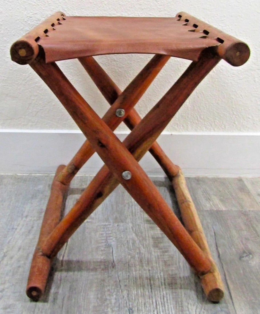 Vintage Danish Modern "GuldhÃ¸j" Teak Cognac Leather Folding Stool Poul Hundevad - 3