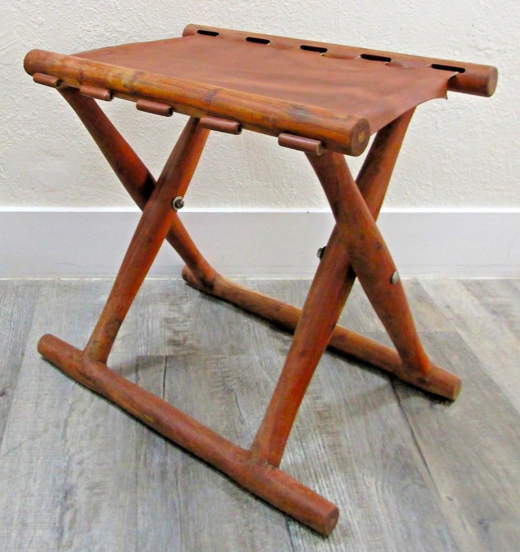 Vintage Danish Modern "GuldhÃ¸j" Teak Cognac Leather Folding Stool Poul Hundevad - 5