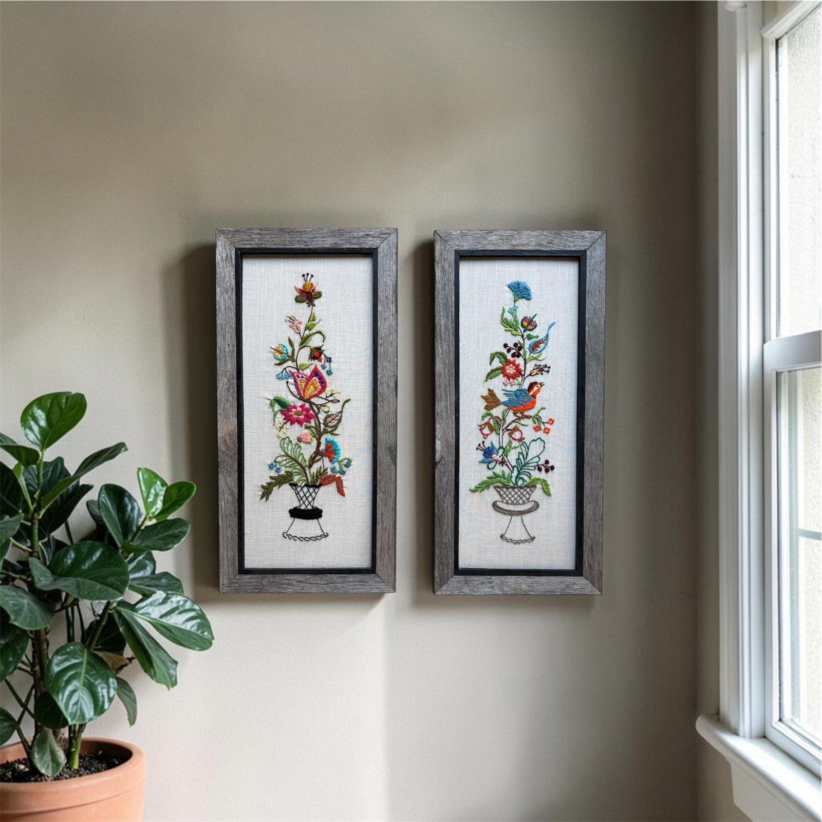 Vintage Textile Framed Wall Art Jacobean Panel Duo Crewel Embroidery Butterfly Bluebird - 2