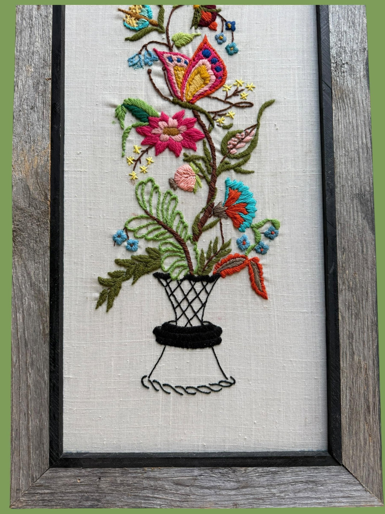 Vintage Textile Framed Wall Art Jacobean Panel Duo Crewel Embroidery Butterfly Bluebird - 3