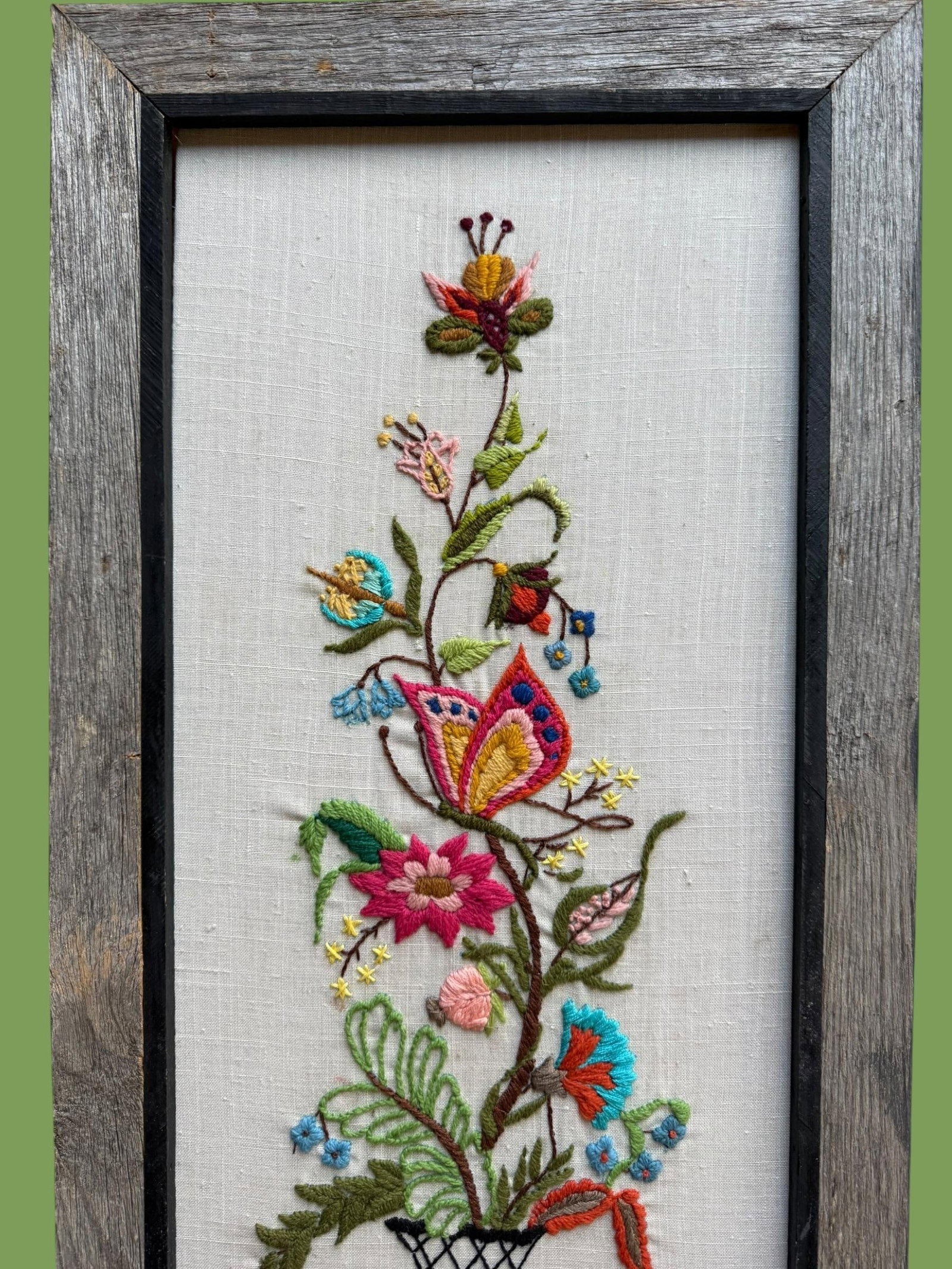 Vintage Textile Framed Wall Art Jacobean Panel Duo Crewel Embroidery Butterfly Bluebird - 4