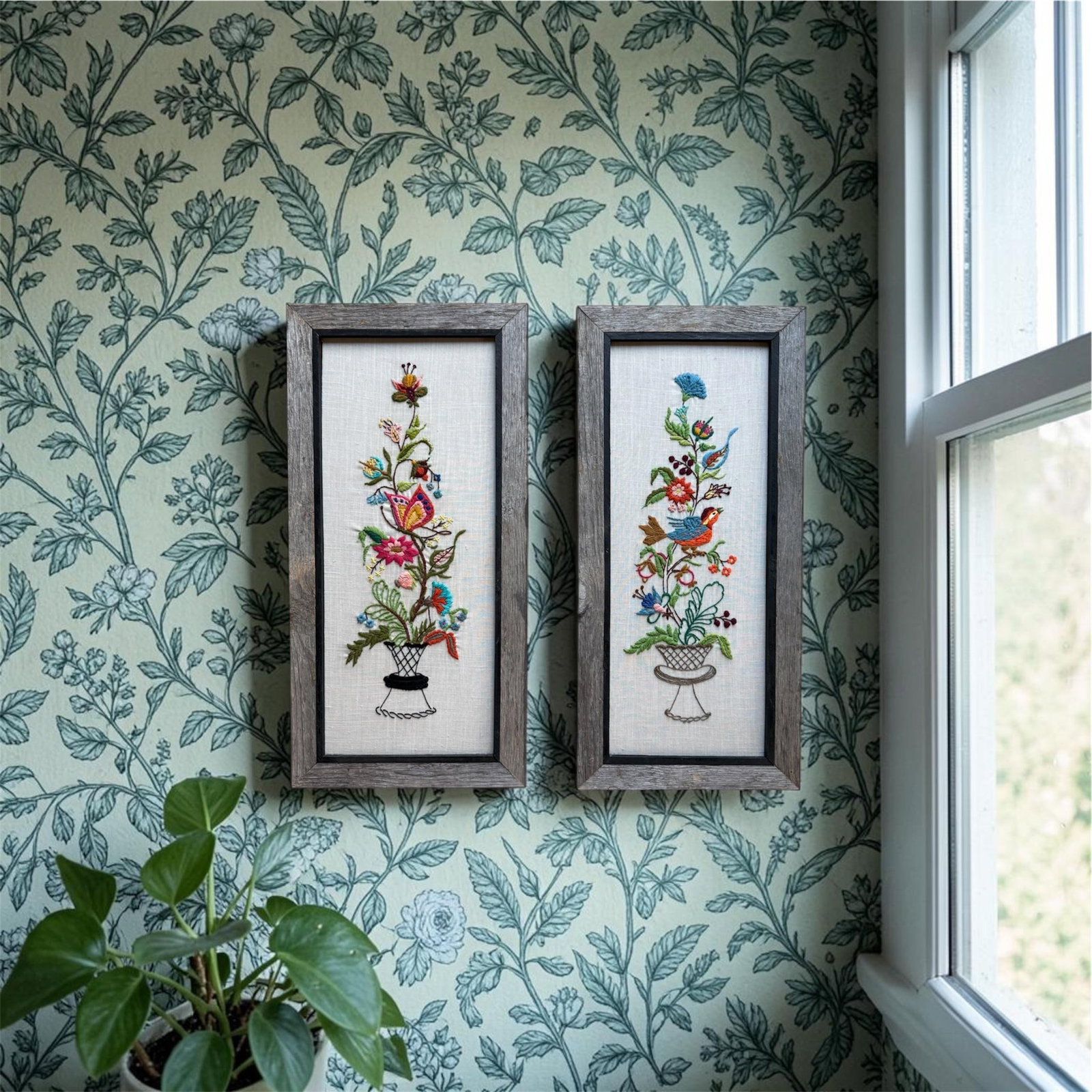 Vintage Textile Framed Wall Art Jacobean Panel Duo Crewel Embroidery Butterfly Bluebird - 5