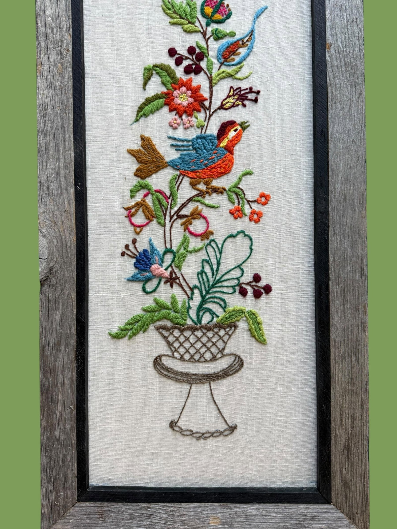 Vintage Textile Framed Wall Art Jacobean Panel Duo Crewel Embroidery Butterfly Bluebird - 7