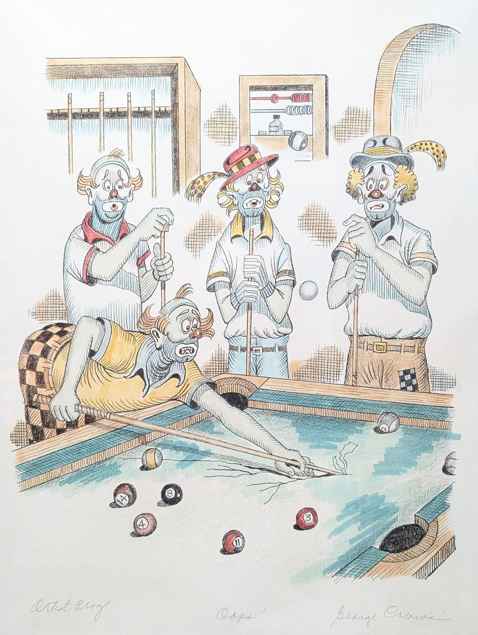 1970s Title: "Oops!" (Or, "The Rip-Off") Signed Artist Proof of Clowns Playing Pool by George Criona - 5