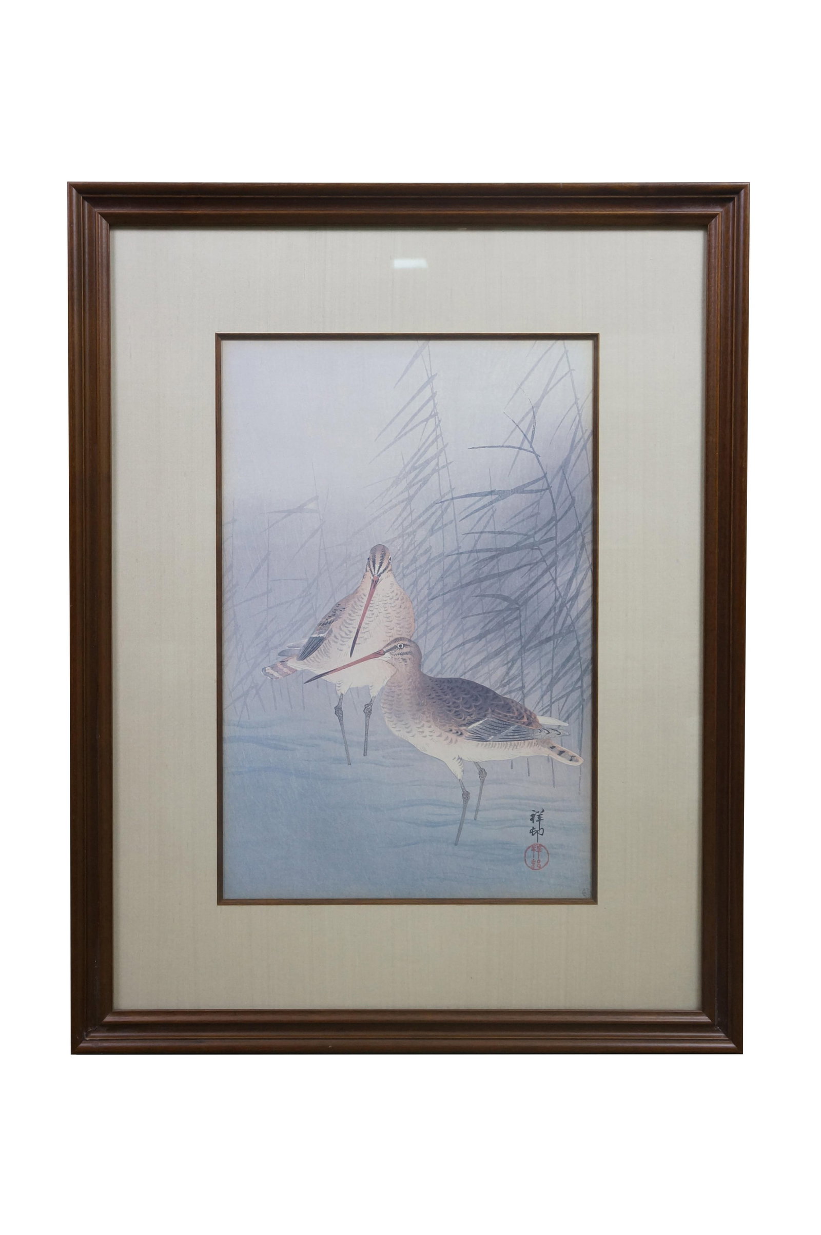 Mid 20th Century Japanese Ohara Koson Snipes Herons Birds Reeds Woodblock Prints 32" - Set of 2 - 2