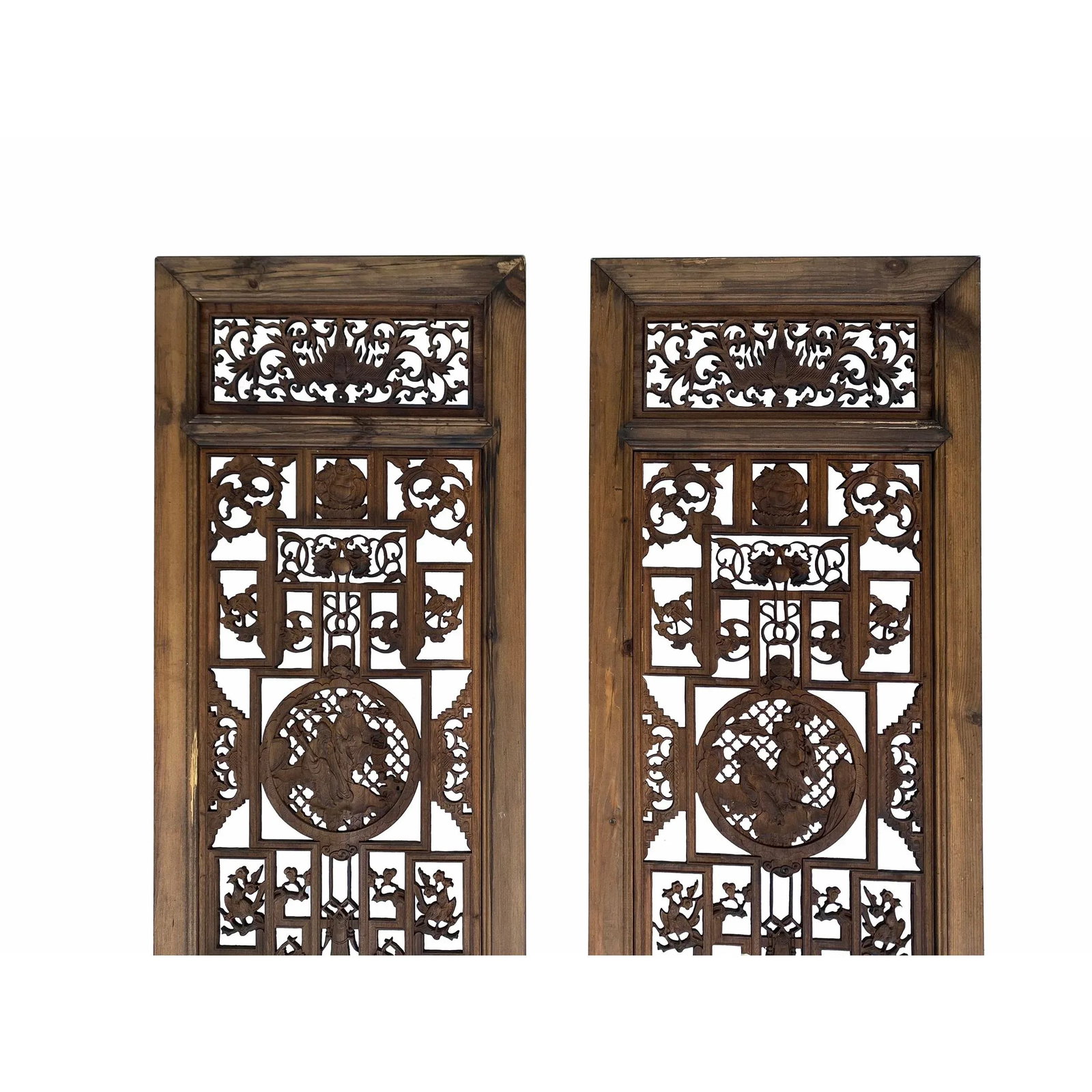 Set of 4 Vintage Chinese Eight Immortal Theme Wood Tall Panel Screen Divider - 4