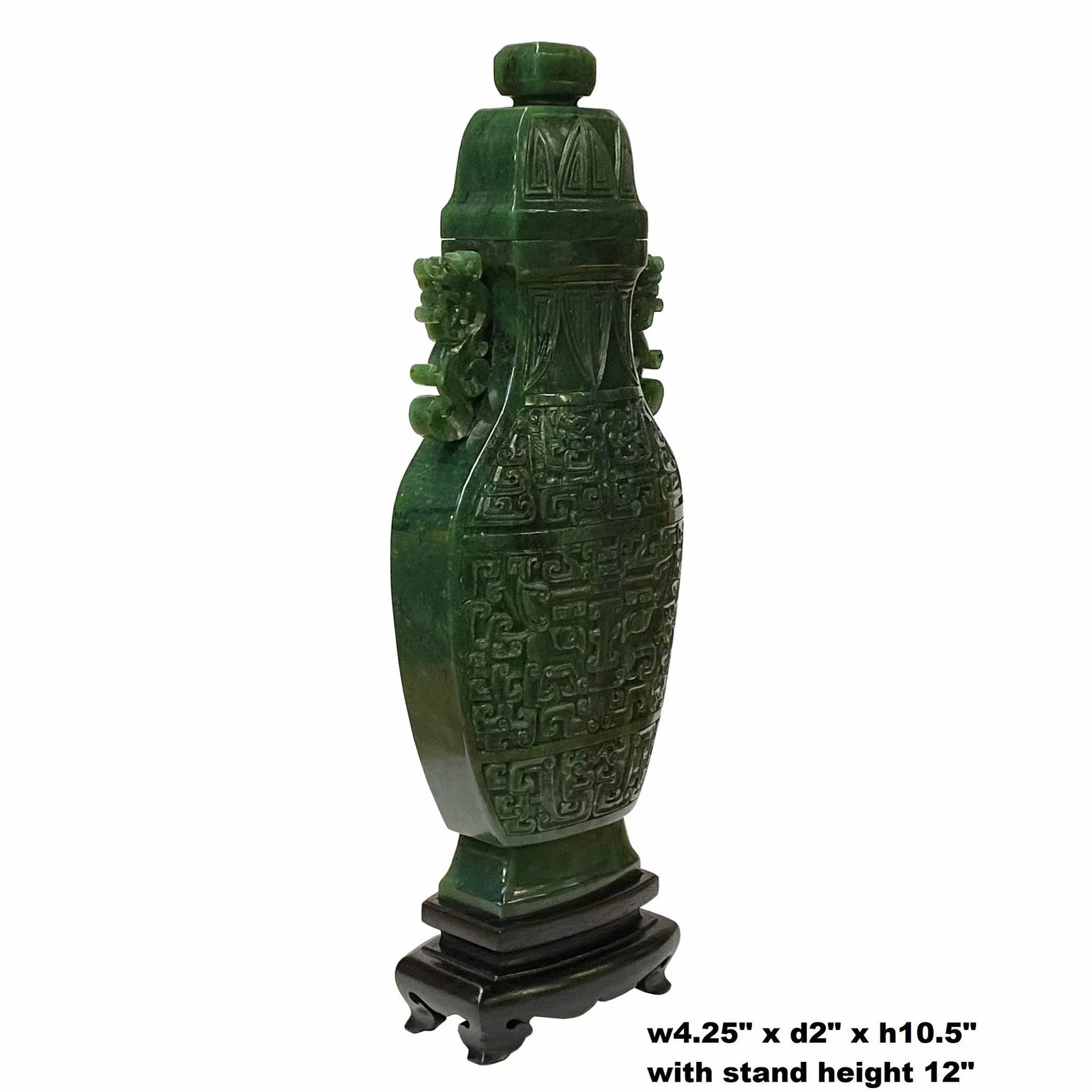 Natural Green Jasper Stone Carved Dragon Accent Flask Display Vase - 2