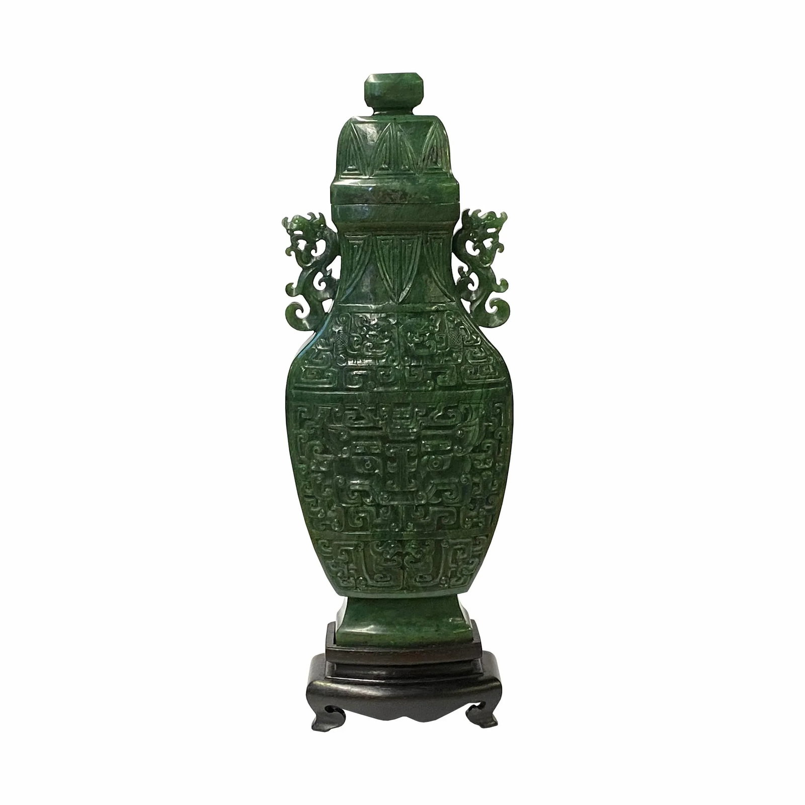 Natural Green Jasper Stone Carved Dragon Accent Flask Display Vase - 9