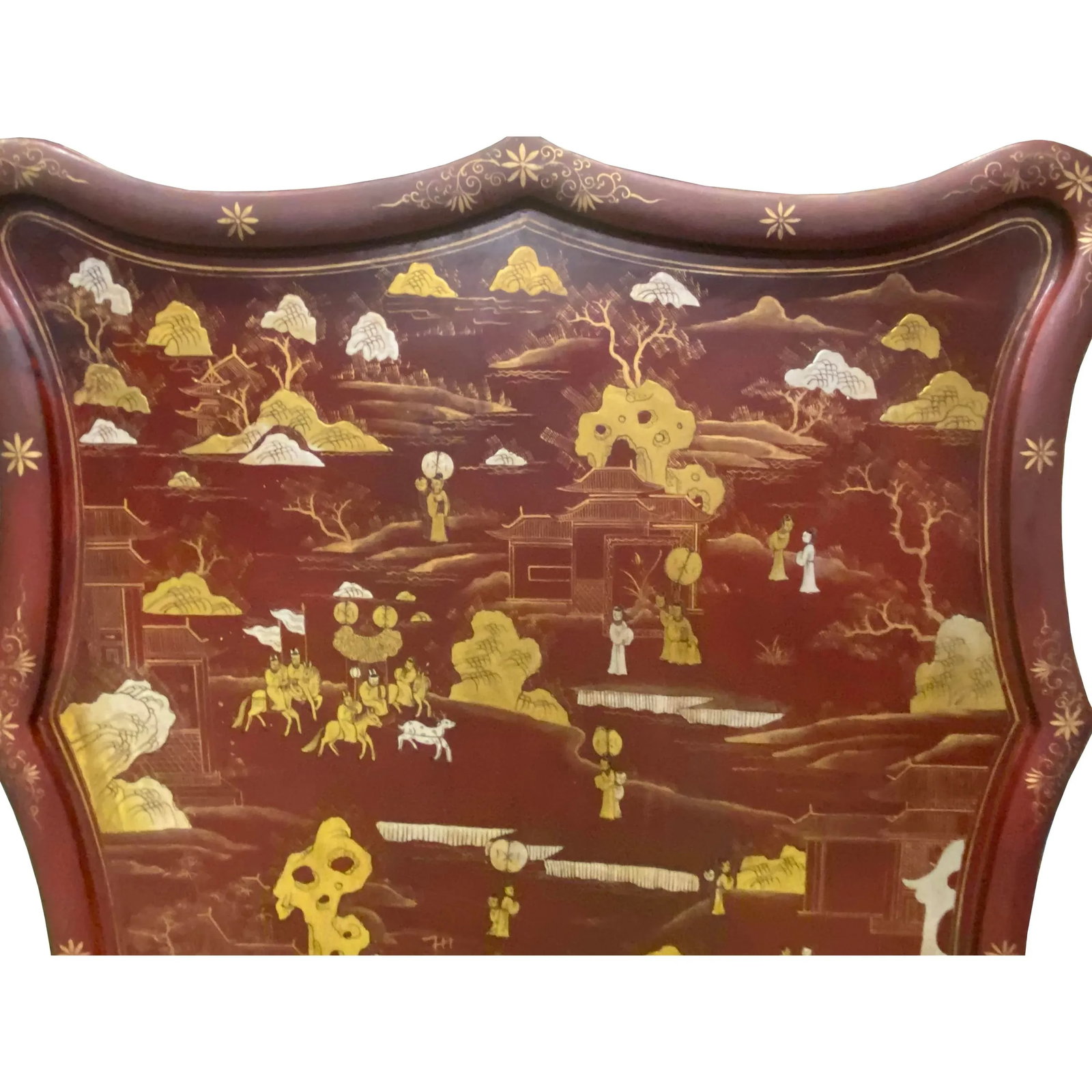 Chinese Ox Blood Red Brown Lacquer Golden Scenery Square Tray Display Art - 3