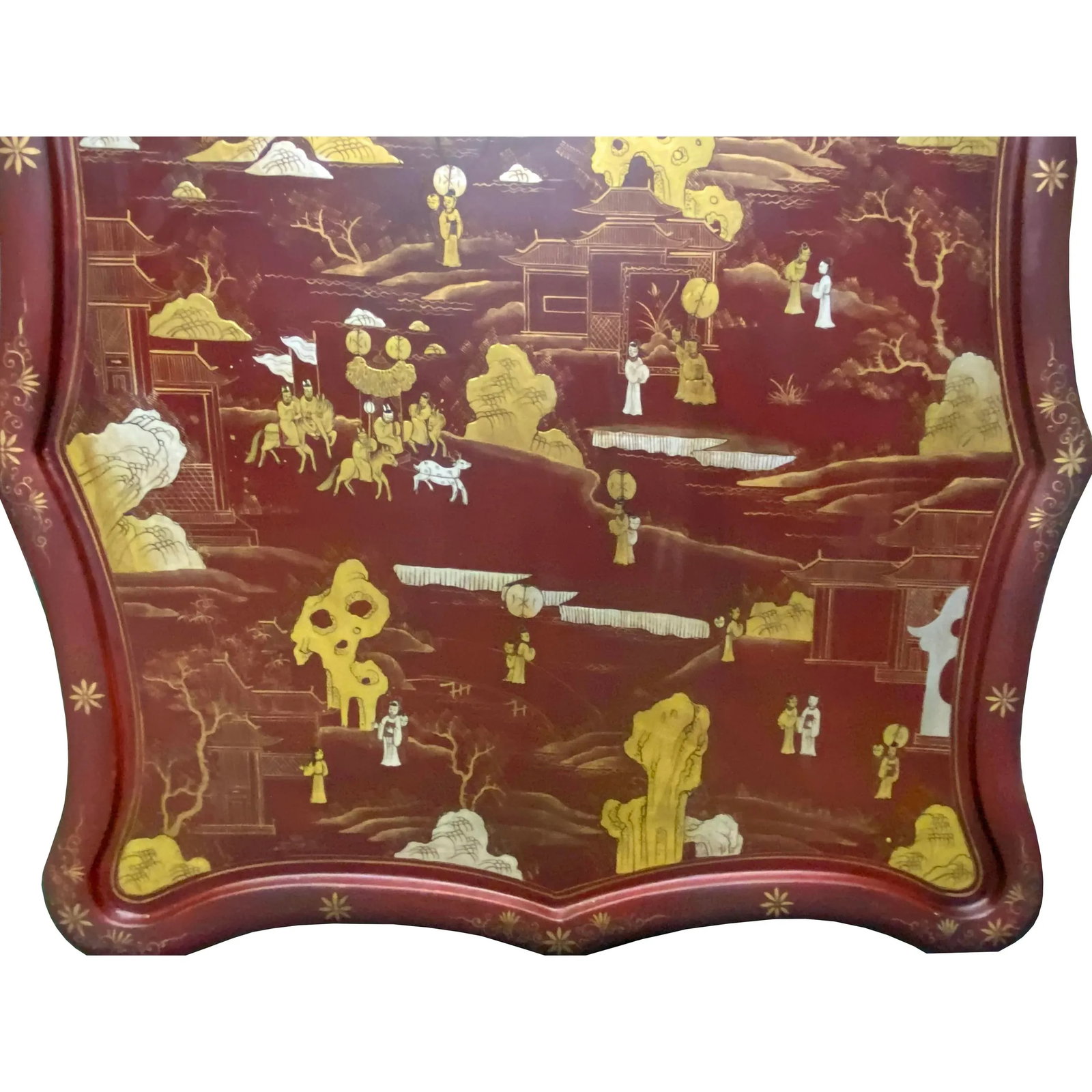 Chinese Ox Blood Red Brown Lacquer Golden Scenery Square Tray Display Art - 4